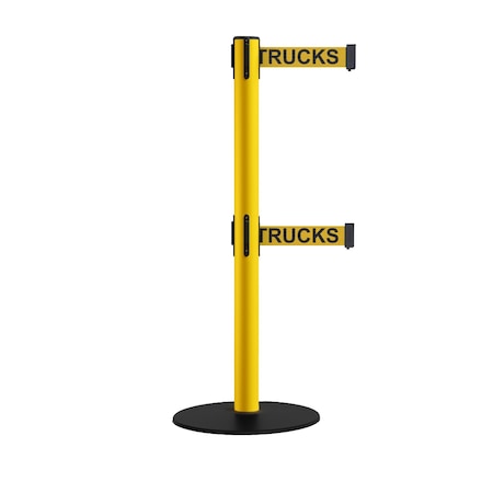 Montour Line Retractable Dbl Belt 2.5 YW Post , Low Base, 7.5'Forkl.Belt S400D-YW-DANFOYB-75
